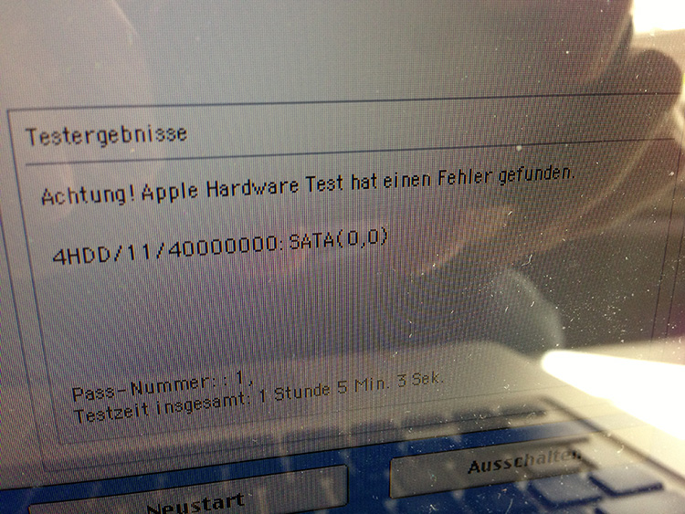 Apple Hardware Test (AHT) Fehler 4HDD/11/40000000SATA(0.0)